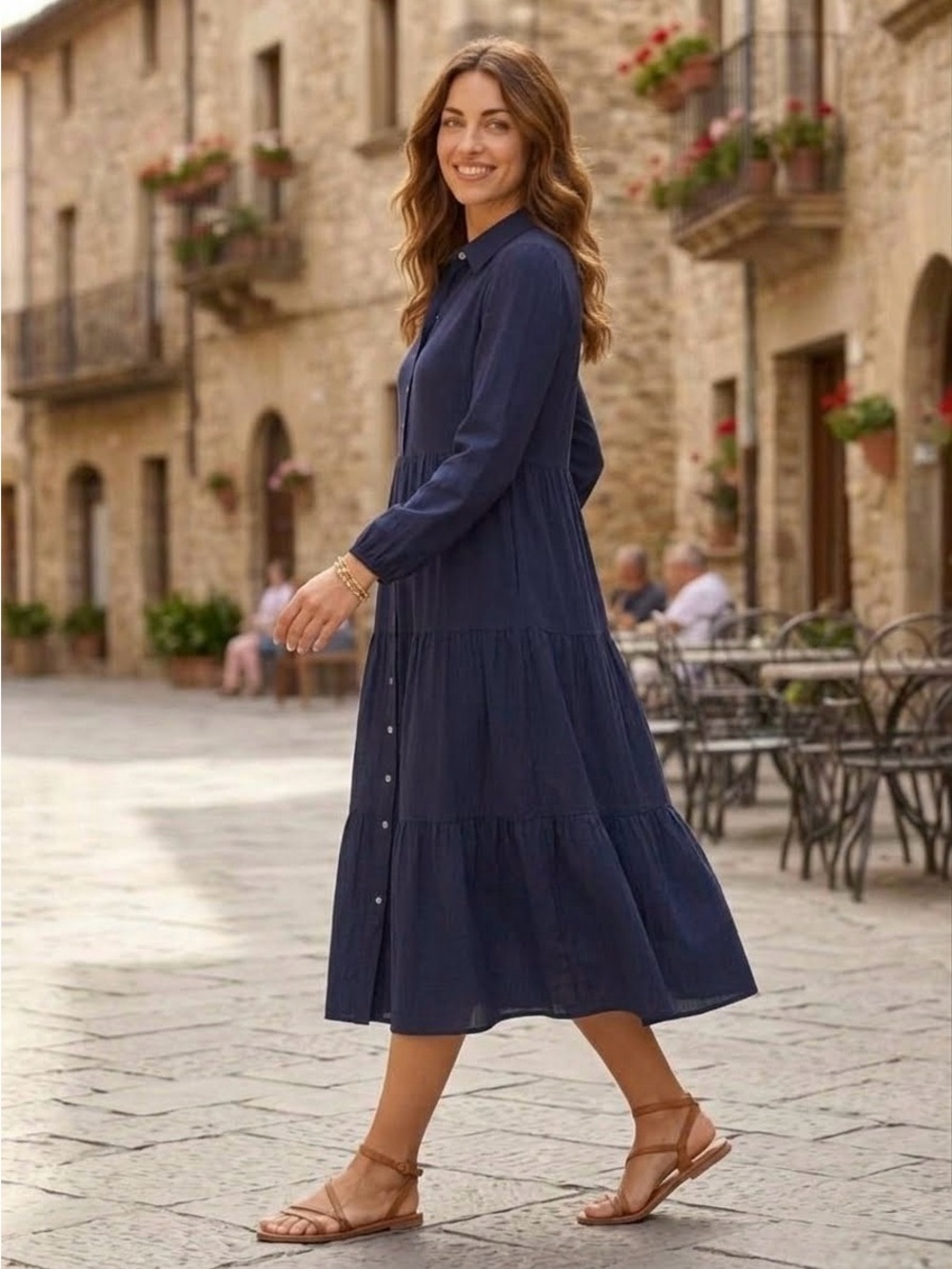 Pomander Place Mabel 100% Cotton Puff Sleeve Midi Maxi Dress, Navy Blue, Size M - Picture 3 of 13